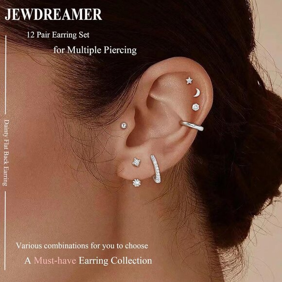 Silver Hypoallergenic Flat Back Cartilage Earring Set - 20G Surgical Steel, Tren - Picture 2 of 6